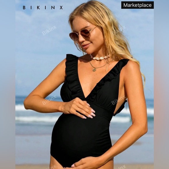 Bikinx Black Ruffled Maternity Swimsuit - Picture 1 of 8